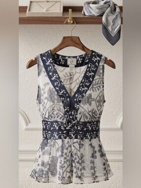 Silk Sleeveless Black and White V-Neck Floral Peplum Top (L) Vintage Sheer Lux